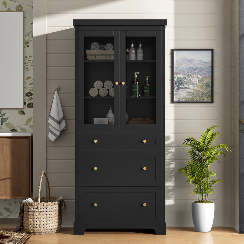 Freestanding Tall Bathroom Cabinet With Adjustable Shelves, Drawers, Soft Close Glass Doors