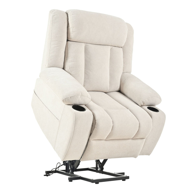 Power Lift Recliner Chair With Extended Footrest, Remote Control, Cup Holders, And Side Pockets