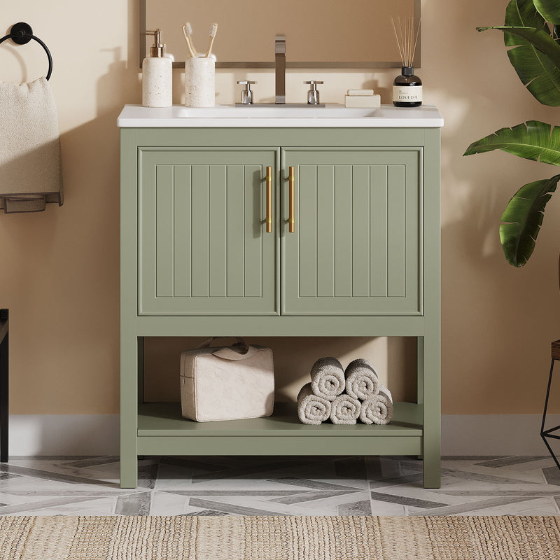 Elegant Bathroom Vanity With Ceramic Sink And Versatile Storage