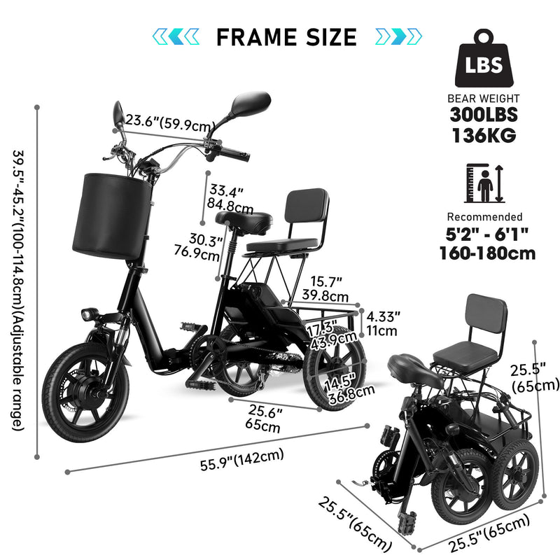 Folding Electric Trike With 350W Peak Motor, 480Wh Removable Battery, 2 Seat Design