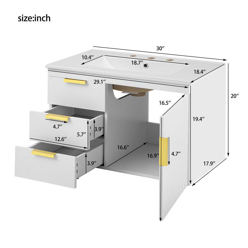 Wall Mounted Bathroom Cabinet With Side Cabinet Combo With Soft-Closing Doors And Drawers, Ceramic Sink