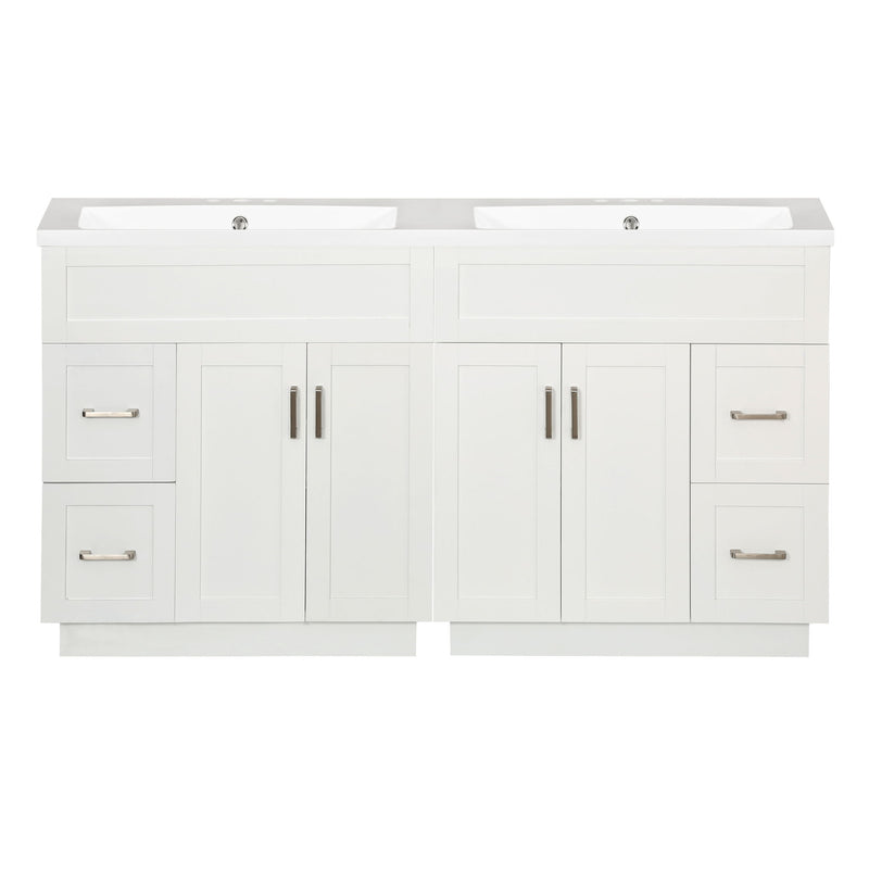 Bathroom Vanity With 4 Cabinet Doors, 4 Drawers, Dual Sinks, Hidden Soft Close Slides And Hinges - White