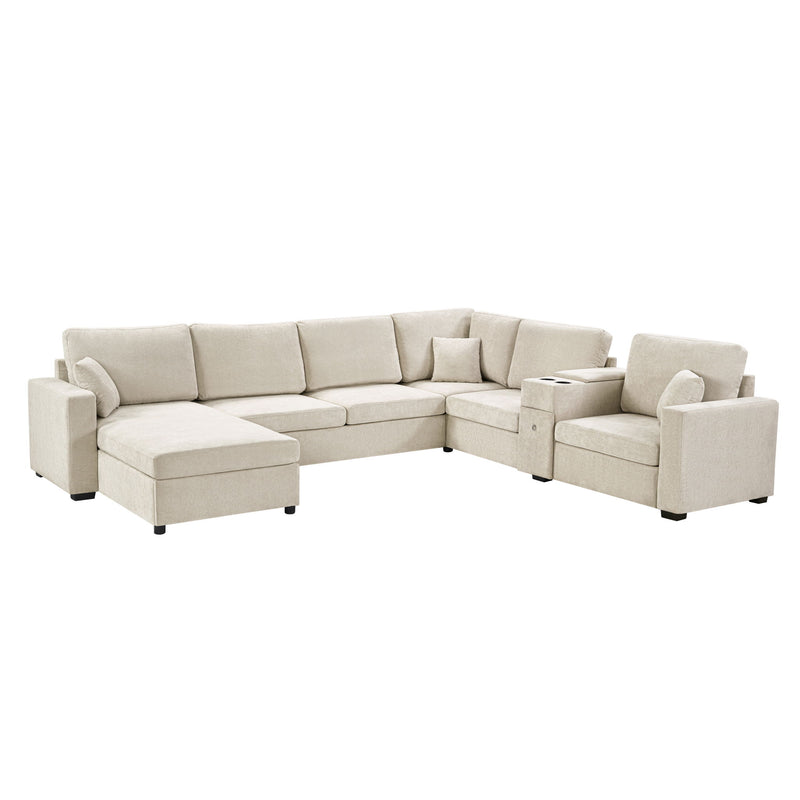 Modular 5 Seat U-Shape Sectional Sofa With Chaise Lounge, Built In Cup Holders And Storage Drawer