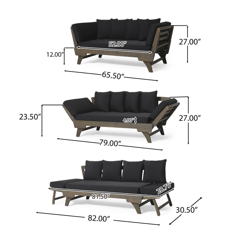 Outdoor Patio Daybed Sofa, 3 Seat Sofa With Foldable Arm 4 Back Pillows