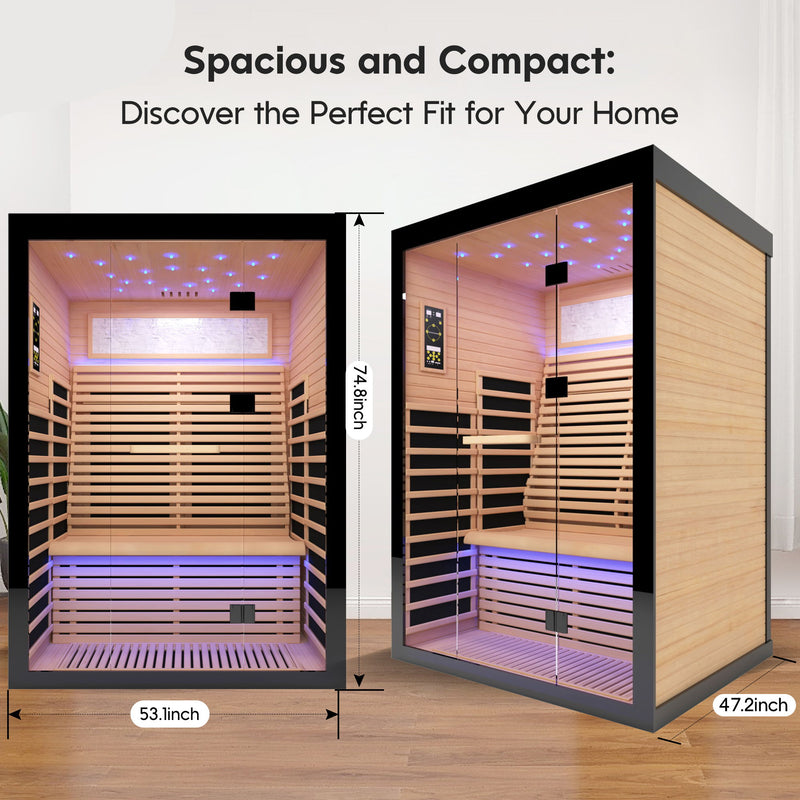 Luxury Double Far Infrared Sauna Room With Epoxy Heating Plates And Starry Sky Lighting - Black / Natural
