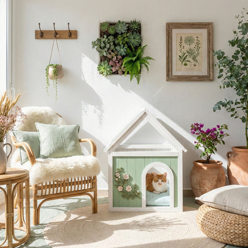 Indoor Cat House With Clear Roof Pet House For Small Cats & Dogs - Mint / White