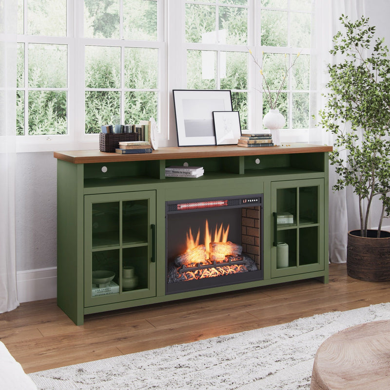 74" Fireplace TV Stand Console For TVs Up To 85" - Sage Green And Fruitwood