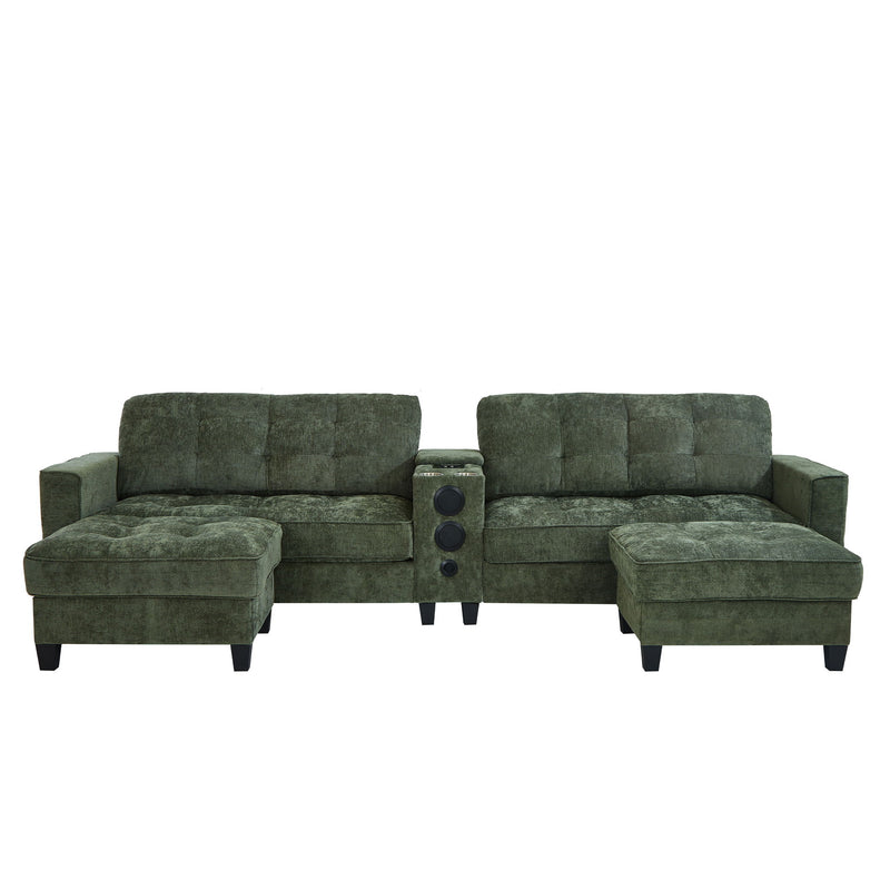 Modern Sectional Sofa U-Shaped With Movable Ottomans, tooth Speakers, LED Lights And Modular Storage