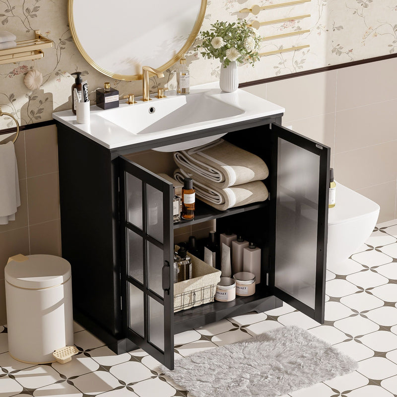 Modern Bathroom Vanity With Ceramic Sink, Tempered Blurred Glass Doors