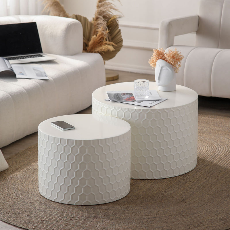 Minimalist Honeycomb Nesting Coffee Table Set, Round Drum Circle Table (Set of 2) - Beige