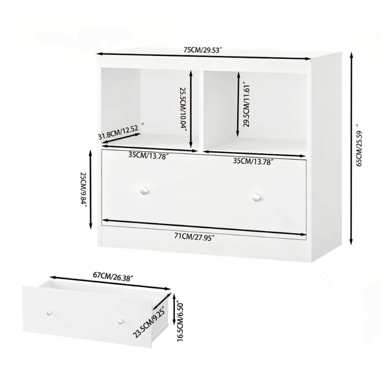 Toy Storage Organizer With Large Drawer And Low Bookshelf For Nursery & Playroom - White