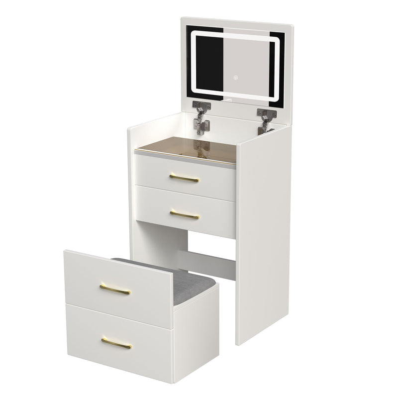 Compact 3 In 1 Vanity Desk With Open Top Mirror, Glass Desktop, 5 Height - White