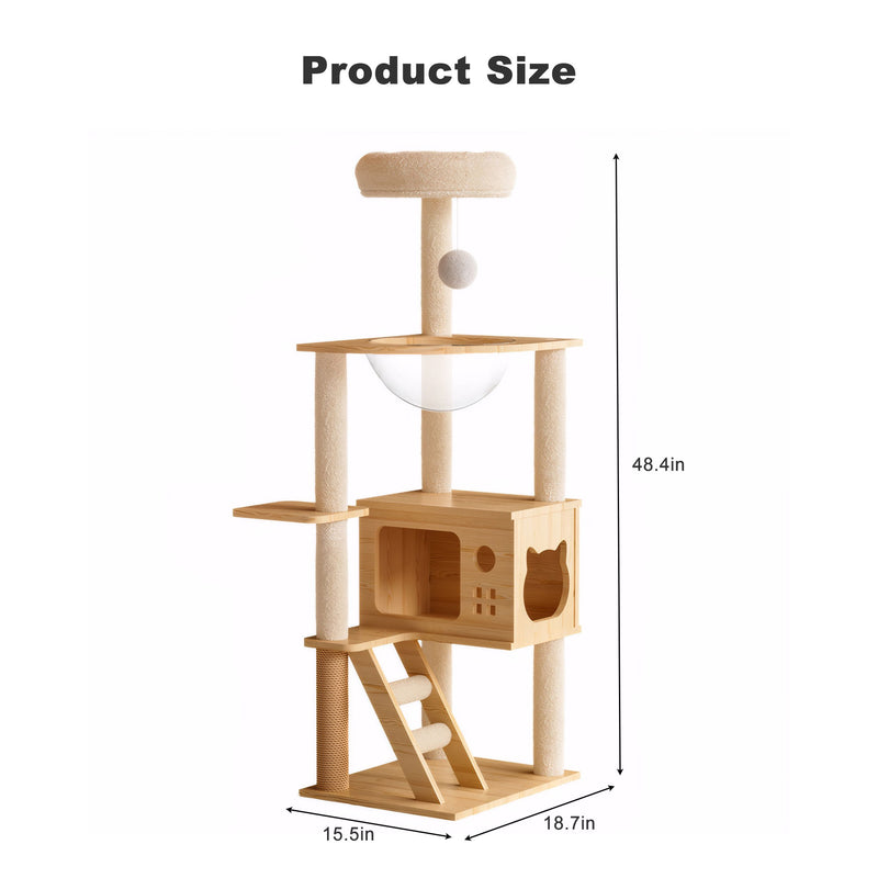 Modern Cat Tower, Wood Cat Tree Tower For Indoor Cats, Cat Tree With Sisal Covered Scratching Posts And Top Perch - Natural / White