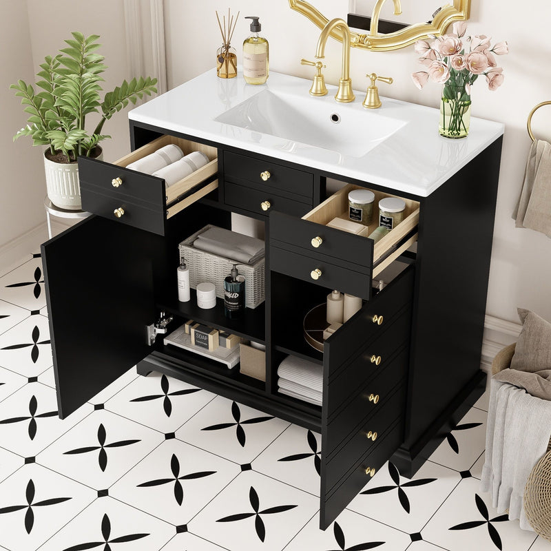 Retro Bathroom Vanity With Sink, Storage Cabinet, Freestanding With 2 Drawers & Soft-Closing Doors