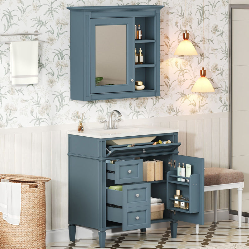 Bathroom Vanity With Medicine Cabinet, Royal Mirror Cabinet, Modern Bathroom Storage Cabinet With 2 Soft Closing Doors And 4 Drawers