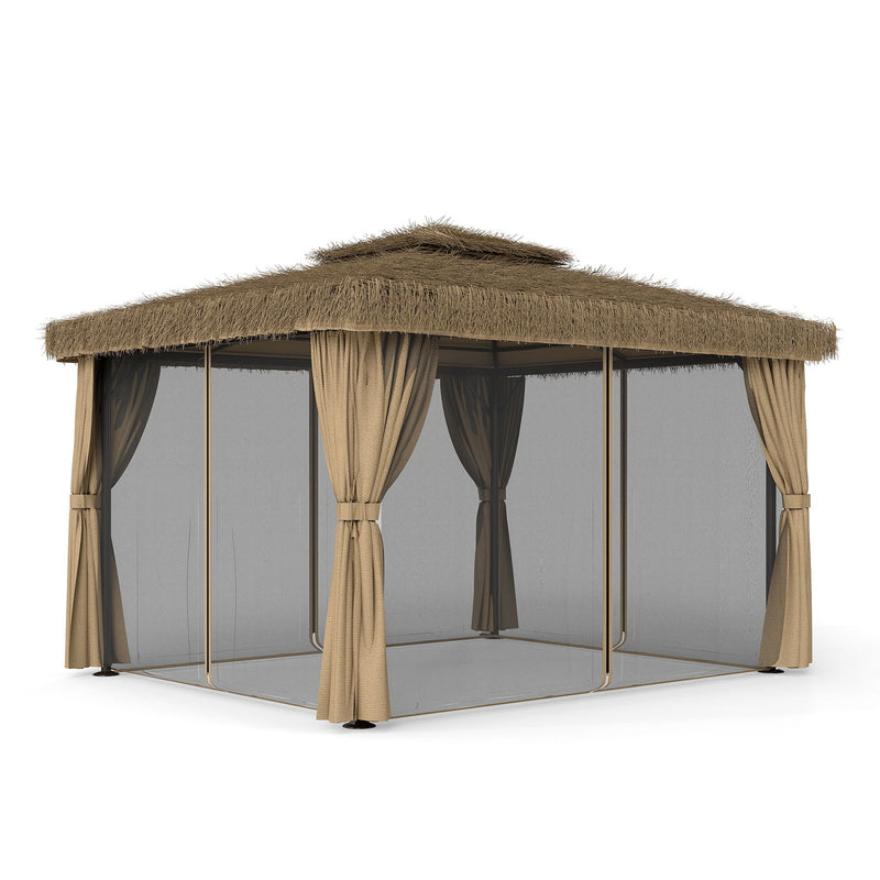 Outdoor Patio Gazebo With Double Canopy, Mosquito Net & Privacy Curtain - Brown