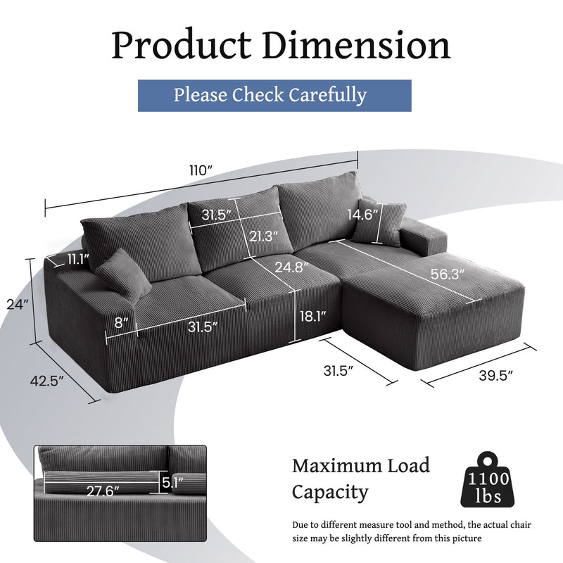 L Shaped Sectional Sofa, Full Compression 3 Seater Cloud Couch With Chaise