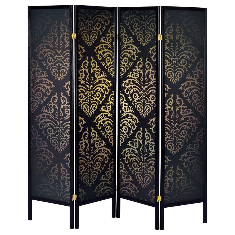 4 Panel Folding Screen With Diamond Scrollwork Motif - Black