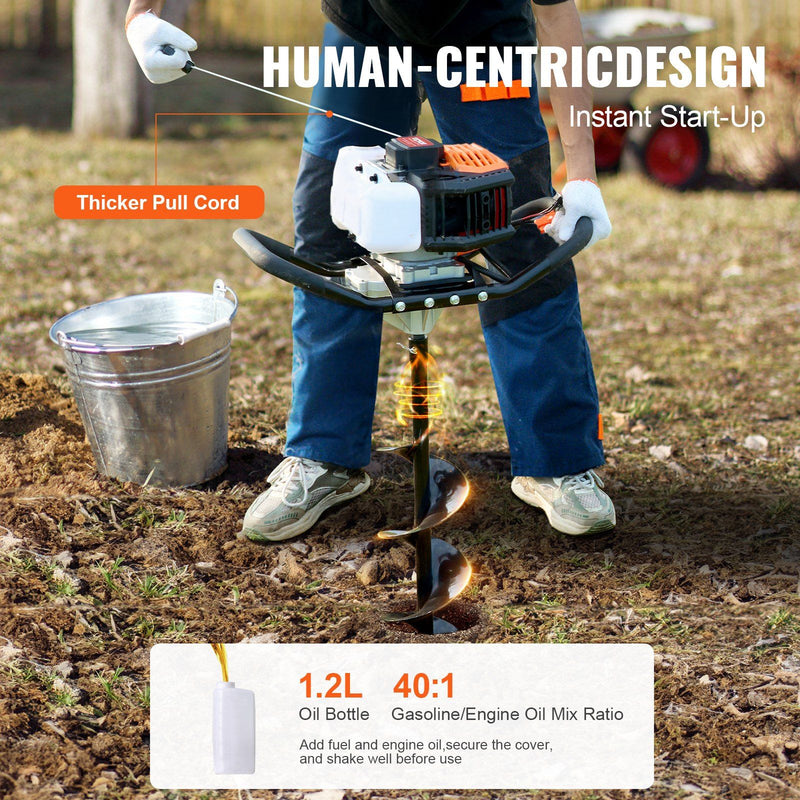 Vevor Gas Post Hole Digger 52Cc 1450W With 8 Drill Bits & Extension Rod Aluminium Alloy - Black