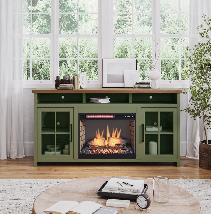 74" Fireplace TV Stand Console For TVs Up To 85" - Sage Green And Fruitwood