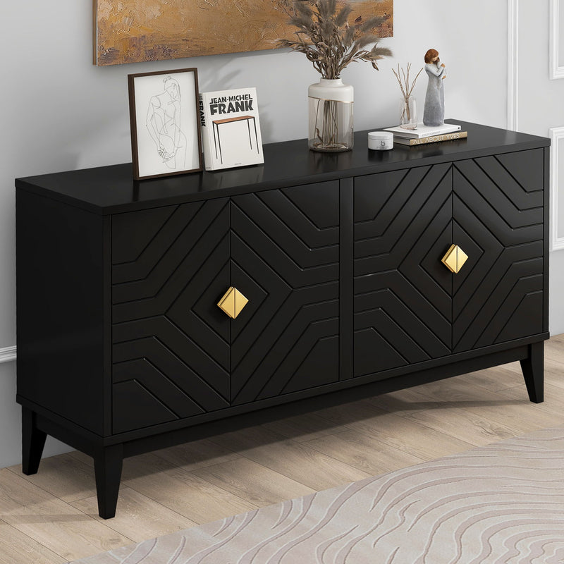 4 Door Sideboard Storage Cabinet For Living Room And Dining Room, 2 Large Cabinets With Gold Handles And Adjustable Shelf - Black